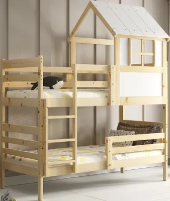 Produktbild von Interbeds Etagenbett Hausbett 190x90cm Hochbett Naturholz Massivholz 2 Plätze mit Rausfallschutz mit Lattenrost Bettgestell trennbar in 2 Einzelbetten