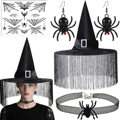 Hexen-Accessoire-Set: Hut, Kette, Ohrringe & Tattoo