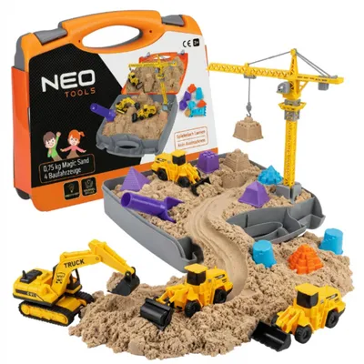 Obrázok produktu pre NEO TOOLS Stavebná hračka s kinetickým pieskom v kufríku, 750 g, vozidlá, od 3 rokov