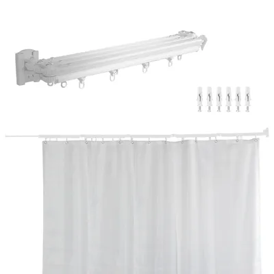 Produktbild von Duschvorhangstange Wandmontierte Duschstange faltbar mit Duschvorhang, ohne Bohren, 197cm für Badezimmer, Ecke, Badewanne, einziehbarer Wäscheständer