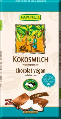 Produktbild von Rapunzel 1430335, Milchschokolade, 80 g, Kokosnuss, 2320 kJ, 557 kcal, 37,37 g