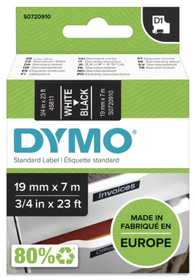 Produktbild von DYMO Original D1-Etikettenband | weiß auf schwarz | 19 mm x 7 m | selbstklebendes Schriftband | für LabelManager-Beschriftungsgerät
