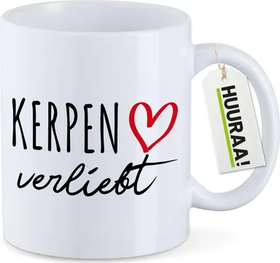 Produktbild von Huuraa Kaffeetasse Kerpen verliebt 330ml Weiß Keramik Kaffeebecher Geschenkidee