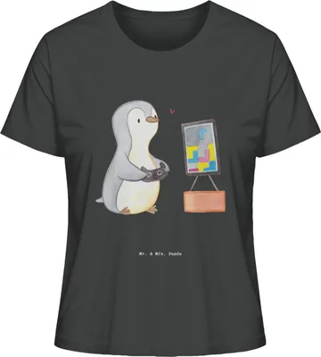 Produktbild von Mr. & Mrs. Panda Damen Kurzarmshirt Pinguin Zocken Größe L - Anthrazit - Geschenk, Basic T-Shirt, Gaming, Videospiele, Shirt, Sommershirt, Videogames, Oberteil