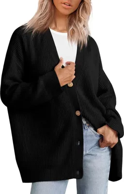 Produktbild von ASKSA Damen Strickjacke Strick Outwear V-Ausschnitt Vorne Offen Leicht Lockere Pullover mit Knoepfen, Schwarz, M