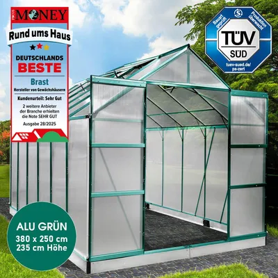 Produktbild von BRAST Gewächshaus Aluminium mit Fundament | 380x250x235cm | 6mm Hohlkammerplatten | rostfrei wetterfest temperaturbeständig | Grün