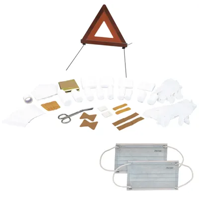 A collection of first-aid supplies and a warning triangle.