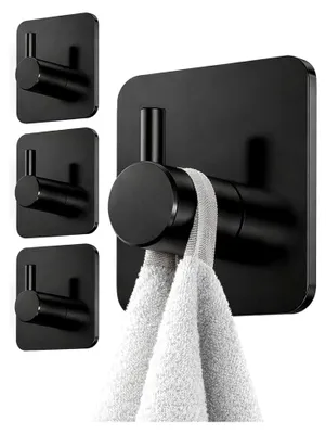 Produktbild von Handtuchhaken ohne Bohren – 4er Set Badezimmerhaken Schwarz – Selbstklebende Wandhaken für Bad und Küche