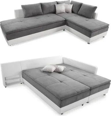 Produktbild von Federkern Ecksofa Doppelbett Dauerschläfer Bettkasten Couch in Hell-Grau / Weiß / 15103