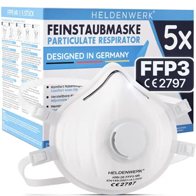 FFP3-Maske mit Ventil, 5 Stück, zertifiziert, verstellbares Kopfband