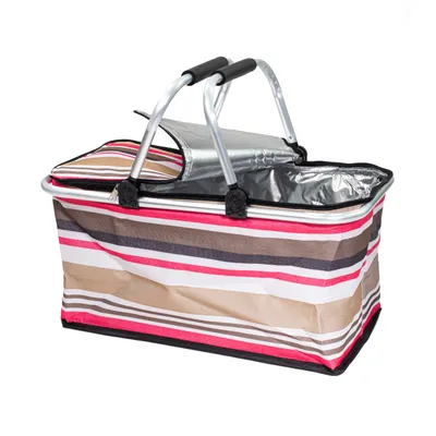 Produktbild von Thermo Picknickkorb Faltbar – Großer Isolierkorb als Einkaufskorb & Kühltasche 30L rosa streifen