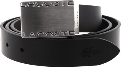 A black leather belt with a metallic buckle is shown against a white background.