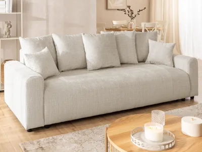 Produktbild von Calma - Komfortables 4-Sitzer Schlafsofa im Bumpy-Design mit Bettkasten aus weichem Beige Chenille-Stoff