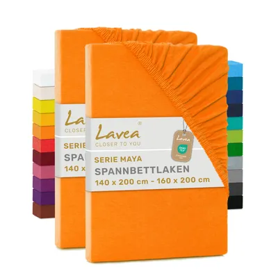 Produktbild von Lavea® 2er Pack Jersey Spannbettlaken 140/160x200 cm, 100% Baumwolle – Weiches Bettlaken für Matratzen bis 20 cm Höhe – Abendrot