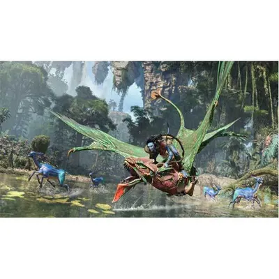 A Na'vi warrior rides a winged creature over a lush, alien landscape with floating islands and exotic flora and fauna.