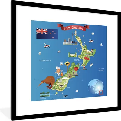 Produktbild von MuchoWow® Gerahmtes Poster Eine Cartoon-Illustration der Karte von Neuseeland 40x40 cm - Poster mit Schwarzem Bilderrahmen Wandposter Rahmen Foto Bilder - Poster - Plakat im Rahmen