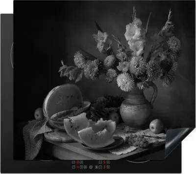 Produktbild von KitchenYeah© Herdabdeckplatte Stilleben - Obst - Schwarz - Weiß , 57x51cm, Küche Deko, Glaskeramikkochfeld Herdabdeckung, Abdeckplatte fùr Kochfeld