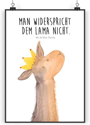 Produktbild von Mr. & Mrs. Panda Bild Lamakopf König DIN A3 - Weiß - Geschenk, Lama, Wandbild, wanddeko, Chef, Papa, Freundin, Mama, Plakat, drucke, Wanddekoration