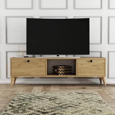 Produktbild von Skye Decor, Hochwertiger TV-Ständer aus 100% melaminbeschichtetem Spanplatten, 138 x 42,6 x 29,5 cm | 18 mm dick | Mit zahlreichen Regalen, Kunststoffbeinen, wandmontierbar | Skandinavisches Design in Eiche.