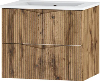 Produktbild von Badezimmer Waschtisch mit 60 cm Breite in Eiche mit gerillter Front, 2 Schubladen - CALURI-140