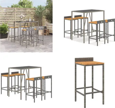 Produktbild von vidaXL 5 tlg. Gartenbar Set Grau Poly Rattan & Massivholz Akazie - Gartenbar Set - Gartenbar Sets - Garten Bar Set - Gartenbar