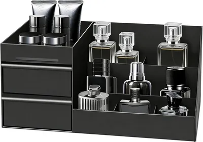 Immagine prodotto di Organizzatore per trucchi, 3 scomparti, nero, scatola portaoggetti per il bagno