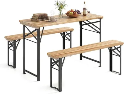 Produktbild von Bierzeltgarnitur 118 cm, Biertischgarnitur klappbar mit Tisch & 2 Bänken, Gartenmöbel aus natürlichem Tannenholz, Bierbankgarnitur für 4 Personen, Picknicktisch Set für innen & draußen