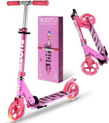 Obrázek produktu pro Koloběžka Suotu Kinderroller růžová/červená – bezpečná a skládací, vhodná pro děti ve věku 3–9 let, kola s LED osvětlením (bez baterií), výškově nastavitelná (71–86 cm), maximální nosnost 50 kg