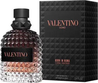 A bottle of Valentino Uomo Coral Fantasy Eau de Toilette and its packaging are displayed against a white background.