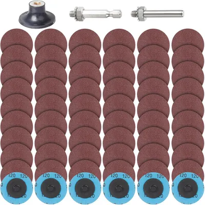 Productafbeelding van Slijpschijven set, 63 stuks, 50 mm, Roloc snelwissel systeem, korrelgrootte 120, met 1/4" houder, geschikt voor haakse slijpmachines, voor metaal, hout en staal