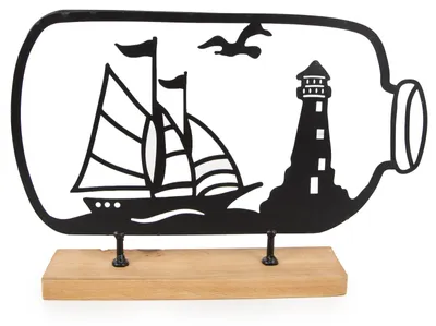 Produktbild von Logbuch-Verlag Flaschenpost Segelschiff und Leuchtturm maritimes Deko Objekt zum Hinstellen Geschenkidee Meer Küste schwarz Metall Holz 8 x 4,5 x 18 cm