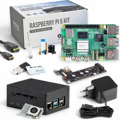 Immagine prodotto di Raspberry Pi 5 8GB PCIe M.2 NVMe - Set | Case in metallo | Raffreddatore attivo | Scheda PCIe SSD M.2 NVMe | Alimentatore ufficiale USB-C 27W | Edizione 64GB | 4K