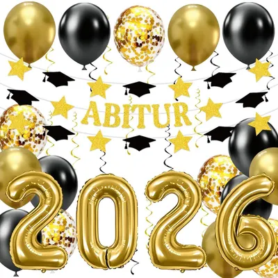 Immagine prodotto di Set decorativo per l'esame di maturità 2026 | Ghirlande e palloncini in foil neri e dorati | 3 ghirlande, 18 palloncini, 4 palloncini in foil