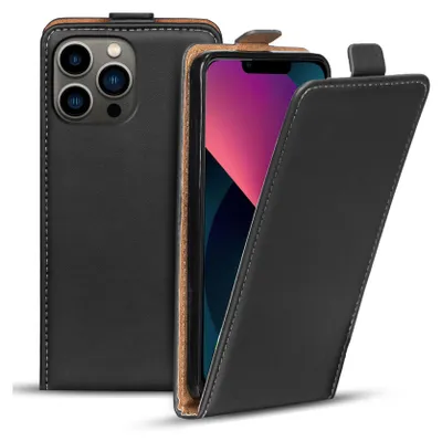 A black flip case for an iPhone 13 Pro is shown with the front cover open, revealing the phone screen.