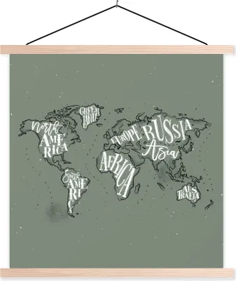 Produktbild von MuchoWow® Textilposter Weltkarte - Grau - Weiß - Buchstaben 40x40 cm mit holzfarbenen Rahmen - Posterleiste