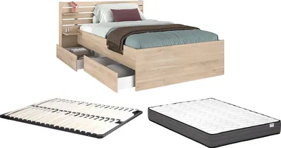Produktbild von Bett mit Stauraum - 120 x 190 cm - Natur + Lattenrost + Matratze - TENALIA
