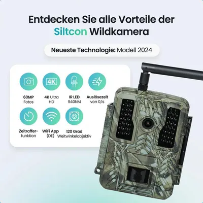 Produktbild von Siltcon® Wildkamera 4K 60MP mit Nachtsicht & WLAN – Jagdkamera mit Bewegungsmelder – 120° Weitwinkel – IP67 – 128GB SD & Stativ