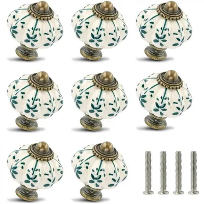 Produktbild von Set mit 12 elfenbeinfarbenen und grünen Keramikknöpfen – Kürbis-Schrankknöpfe, Retro-Kommodenknöpfe – Vintage-Schubladengriffe mit Schrauben