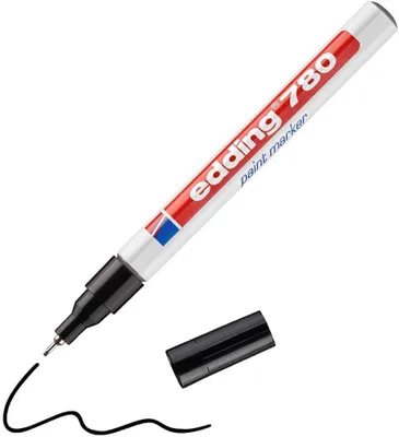 A white Edding 780 paint marker with a black cap and a black line drawn on a white background.