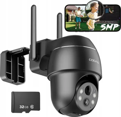 Produktbild von COOAU 5MP Überwachungskamera Außen Akku mit 32GB SD-Karte, 355°|120° PTZ WLAN IP Kamera Outdoor Kabellose, Farbnachtsicht, 4DBi, PIR-Sensor, Personen Erkennung, 2-Wege-Audio, Arbeit mit Alexa, IP66