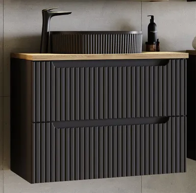 Produktbild von Waschtisch 60cm, in schwarz mit Eiche, gerillte Front, NEWPORT-56-BLACK