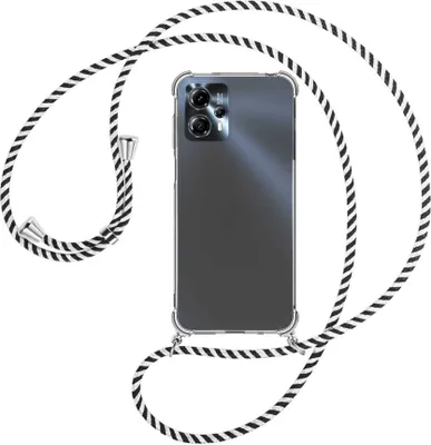 Produktbild von Handykette Backcover-Schutzhülle mit Band (Metall silberfarben) für Motorola Moto G13, Moto G23 (6.5'') - schwarz/weiß gestreift