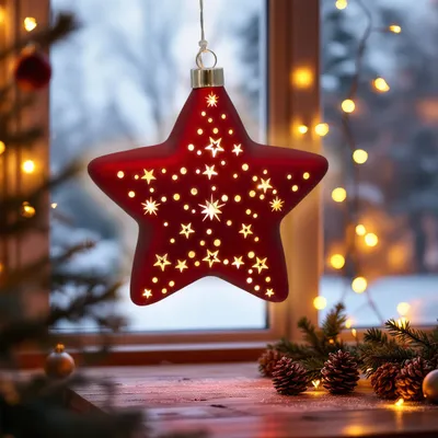 A red star-shaped Christmas ornament with cut-out star patterns is hanging in front of a window with blurred Christmas lights and pine branches in the foreground.