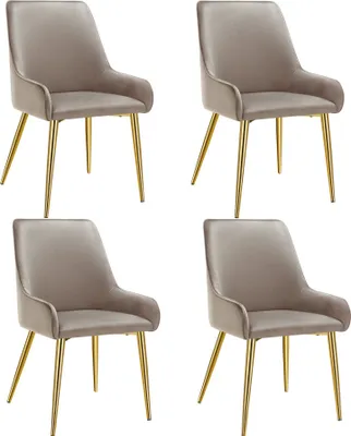 Four taupe upholstered dining chairs with gold legs are arranged in a two-by-two grid against a white background.