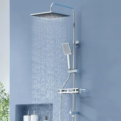 Produktbild von Regendusche ohne Duscharmatur, Edelstahl Duschsystem mit Bohrfree-ablage, Dusche Komplettset mit Messing-Wasserteiler, 25cmx25cm Duschkopf, Höhenverstellbare Duschstange mit Regendusche, Chrom