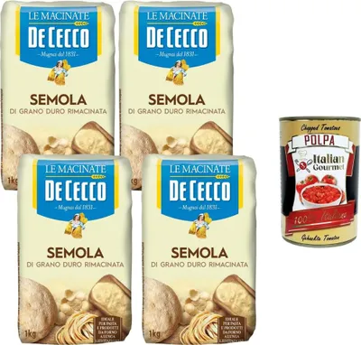 Produktbild von De Cecco Semola di Grano Duro Rimacinata 4 x 1 kg – italienischer Hartweizengrieß für Pasta, Brot & Pizza + Italian Gourmet polpa