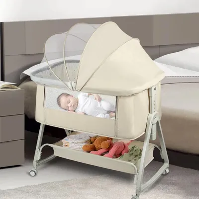 Produktbild von Beistellbett Baby,3 in 1 Reisebett Babybett,6 Fach Einstellbare Höhen mit Matratze,Faltbares Co-Sleeper,Stubenwagen Beistellbett für 0-6 Monate Beige