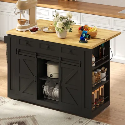 Immagine prodotto di Isola mobile per cucina con piano di lavoro estendibile, carrello da cucina con ante scorrevoli, prese di corrente, ripiano a 3 livelli, carrello di servizio, colore nero
