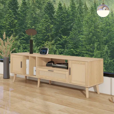 Image de MODFU Meuble TV 180 cm - Rangement Spacieux Avec Rotin - Naturel