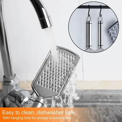 Produktbild von Unyqoos® 3‑teiliges Edelstahl-Küchenreibe-Set mit Reinigungsbürste – 2 flache & 1 halbrunde Raspel, ergonomischer Griff, spülmaschinenfest